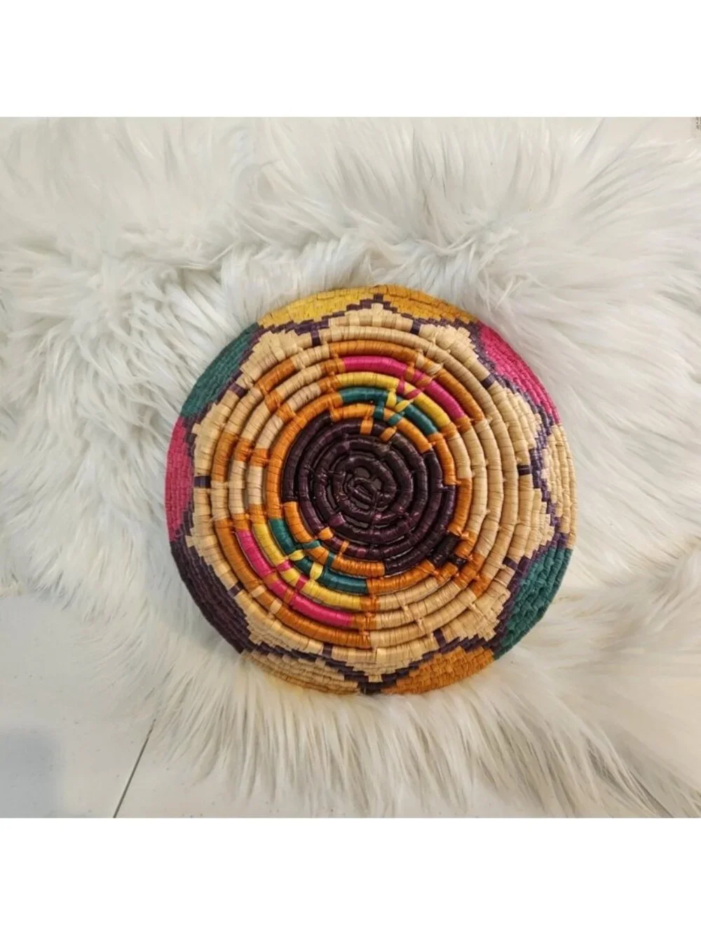 Vintage Indigenous Woven Basket Bowl Boho Home Decor Star Sun Colourful Round